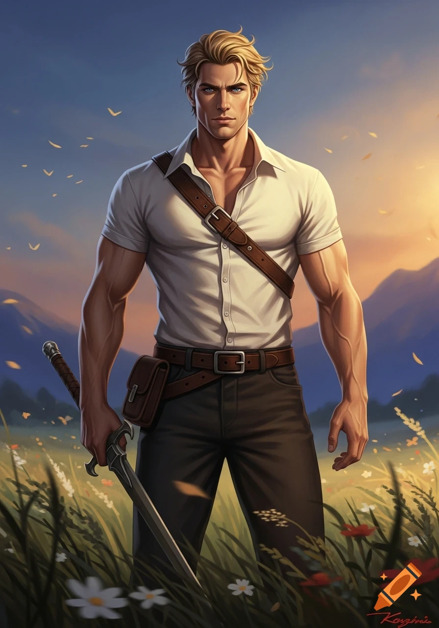 Muscular blond man with blue eyes, holding a sword, stands in a field with wildflowers at sunset, digital art.