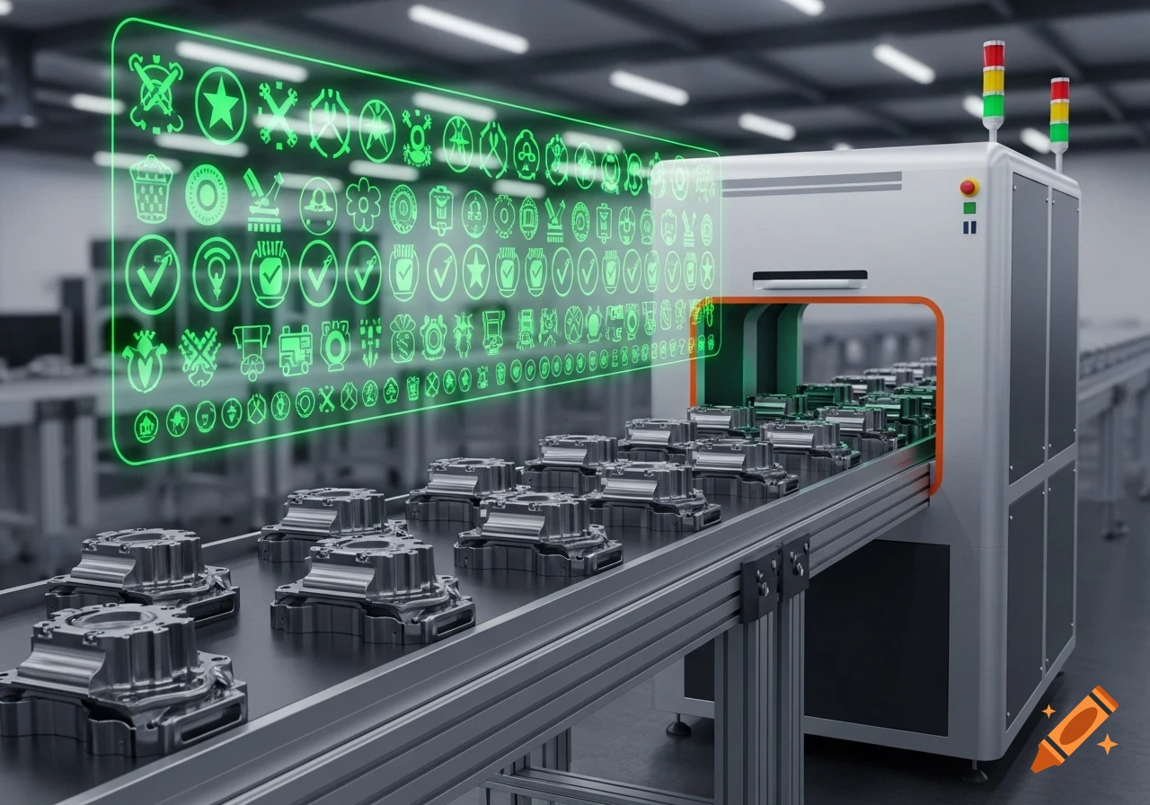 Identical metal components on a conveyor belt are scanned by a machine with a green holographic quality display showing symbols.