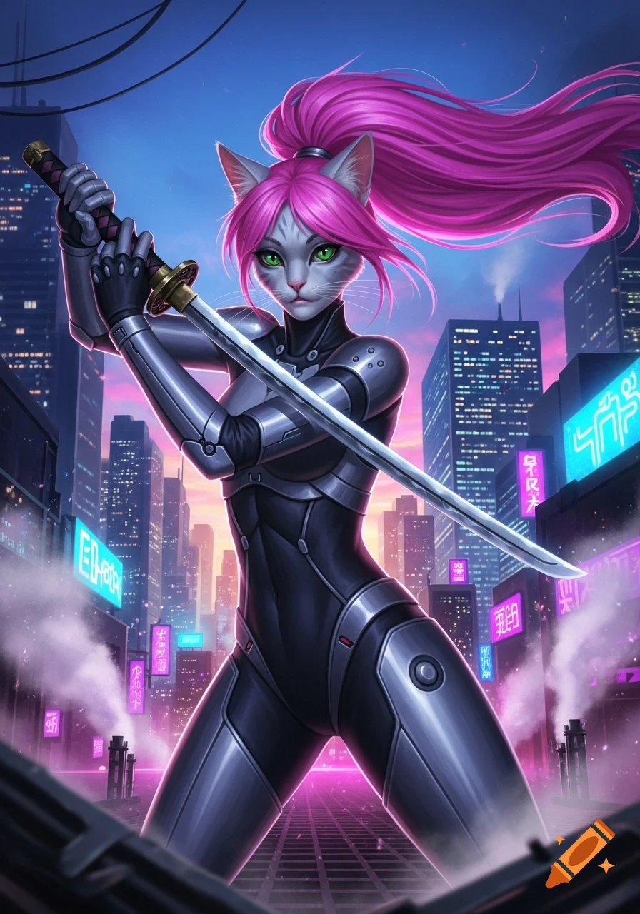 An anthropomorphic cat with pink hair, wearing a black and silver armored suit, holds a katana in a cyberpunk city.