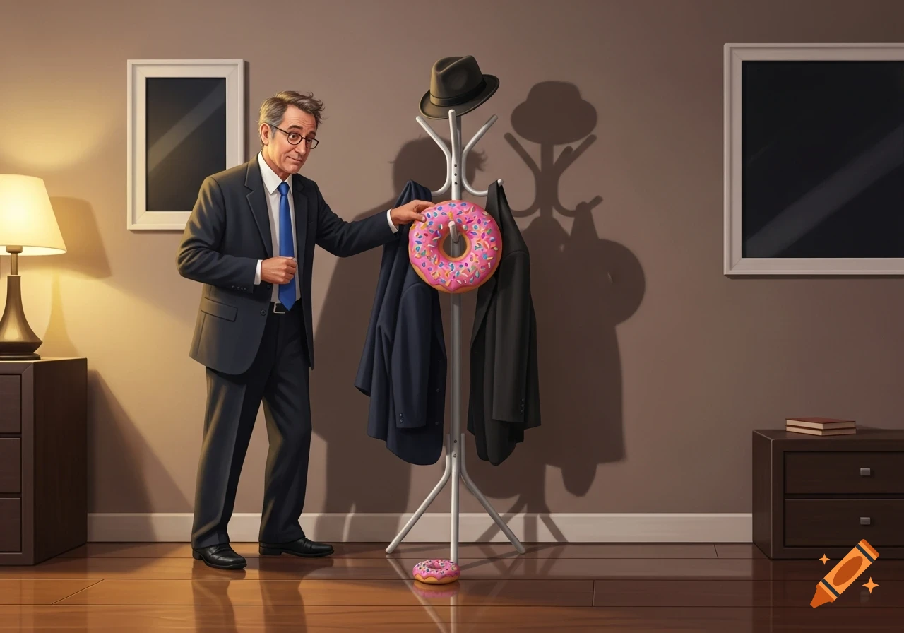 A man in a suit puts a pink frosted donut with sprinkles on a coat rack, with another donut on the floor, in a warmly lit room.