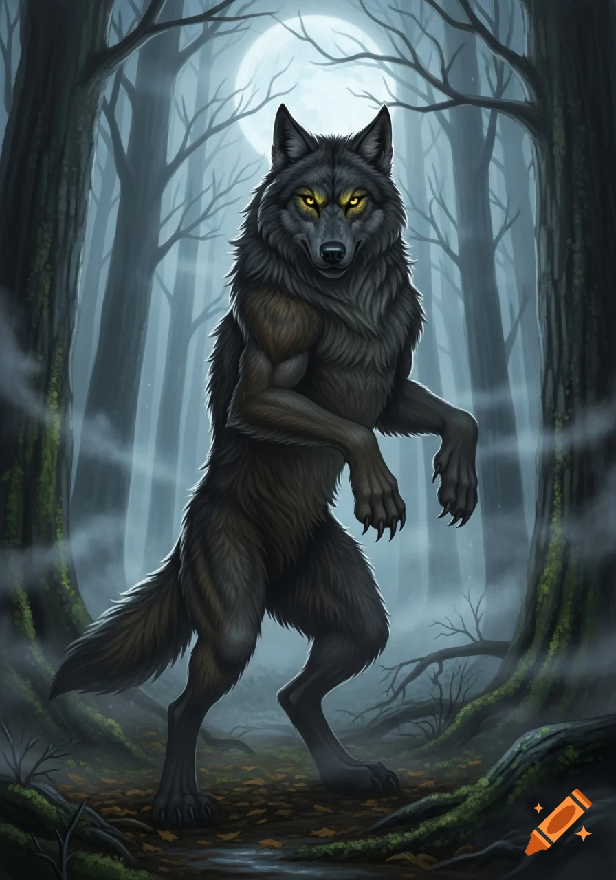 A dark, muscular werewolf with glowing yellow eyes stands on two legs in a moonlit, misty forest. Digital painting.