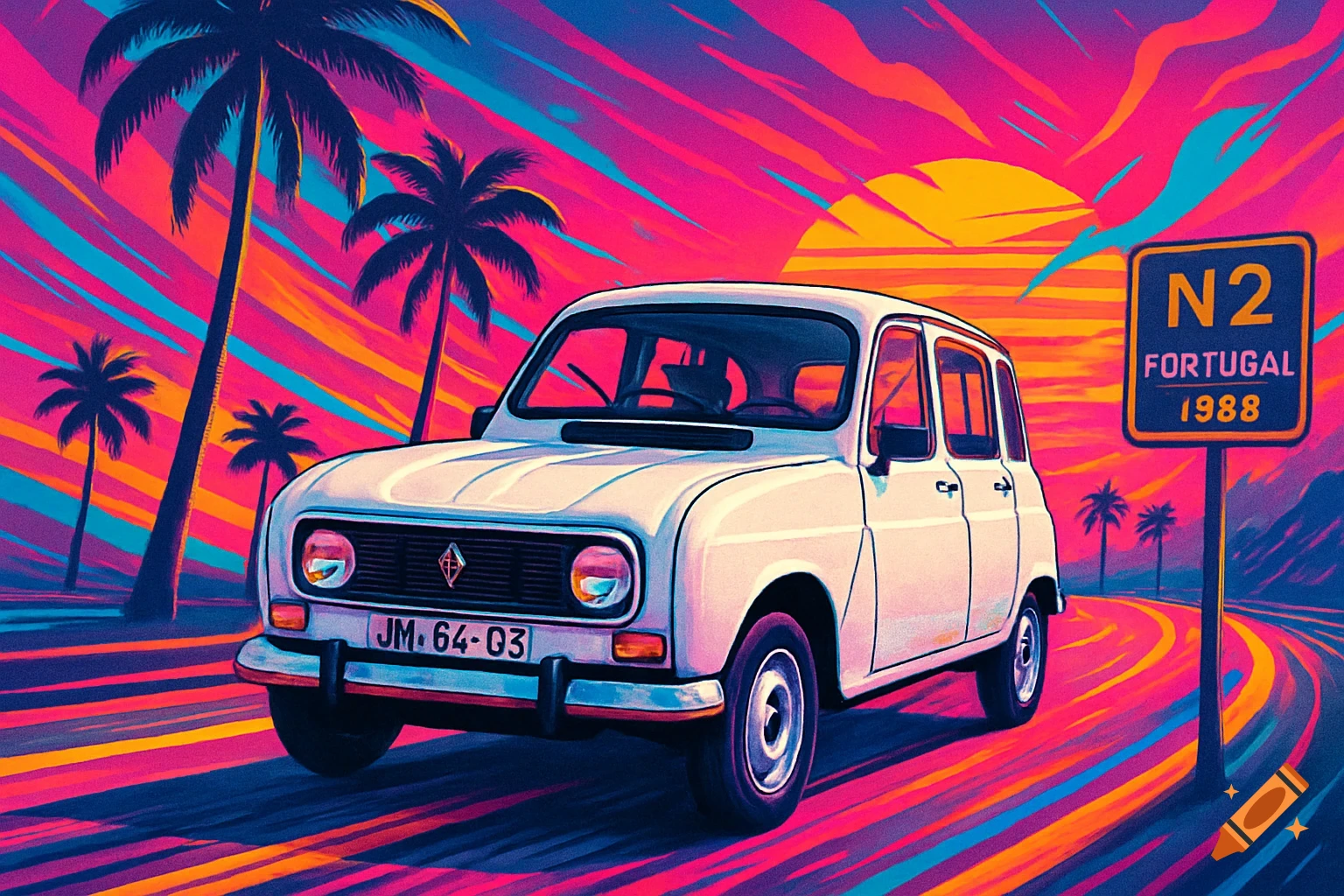 A white Renault 4L drives on a vibrant, stylized road with palm trees under a sunset. A road sign reads 'N2 FORTUGAL 1988', and the license plate is 'JM. 64-03'.