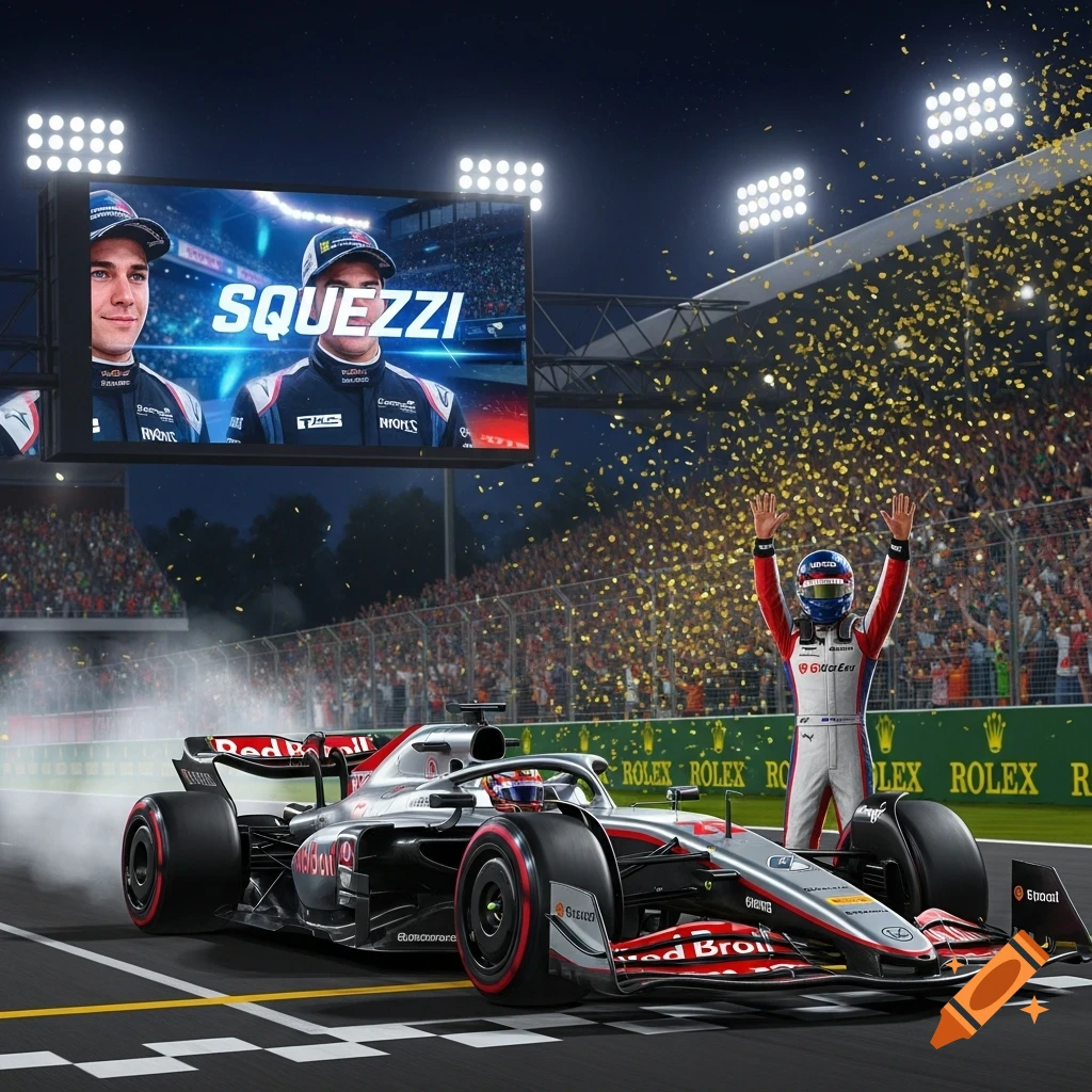 A Formula 1 race car on a track with a celebrating driver, golden confetti, and a large screen displaying 'SQUEZZI' at night.