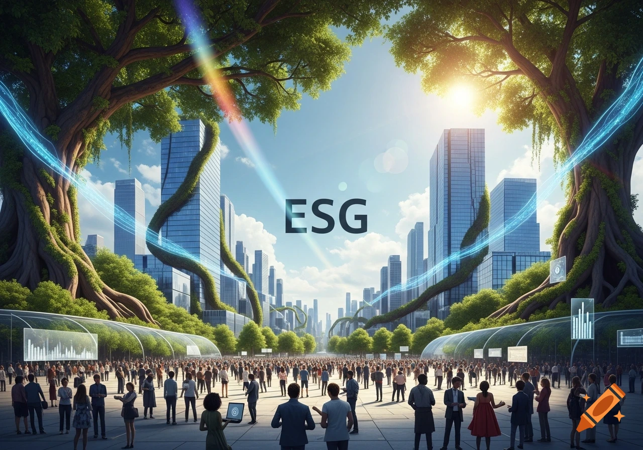 A large crowd in a futuristic park with skyscrapers, giant trees, glowing data streams, and 'ESG' text in the sky, under a bright sun.