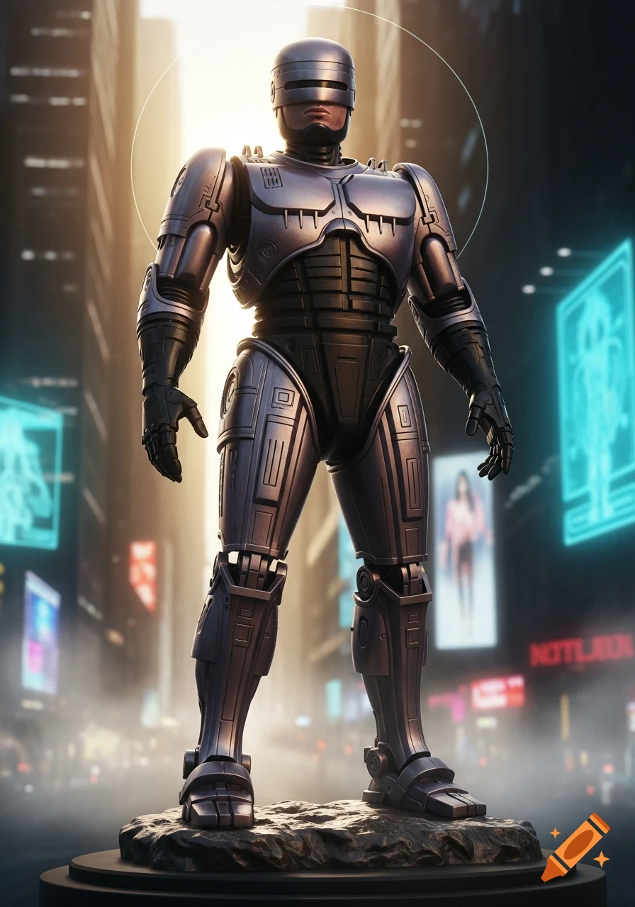 Photorealistic metallic statue of Robocop standing on a base in a futuristic city with glowing billboards.