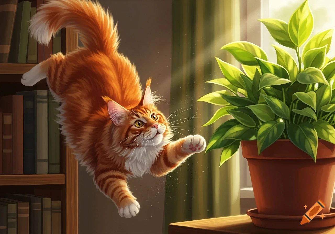 A fluffy orange Maine Coon cat leaps playfully towards a green potted plant next to a bookshelf, in a vibrant illustration.