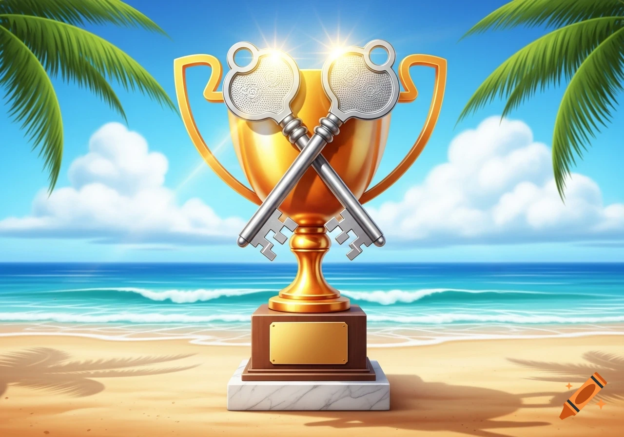 A gleaming golden trophy with two crossed silver keys stands on a sandy tropical beach under a bright blue sky.