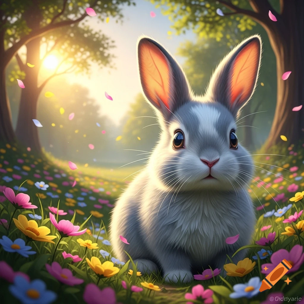 A cute fluffy grey and white rabbit sits in a field of vibrant colorful flowers with falling petals at sunrise.