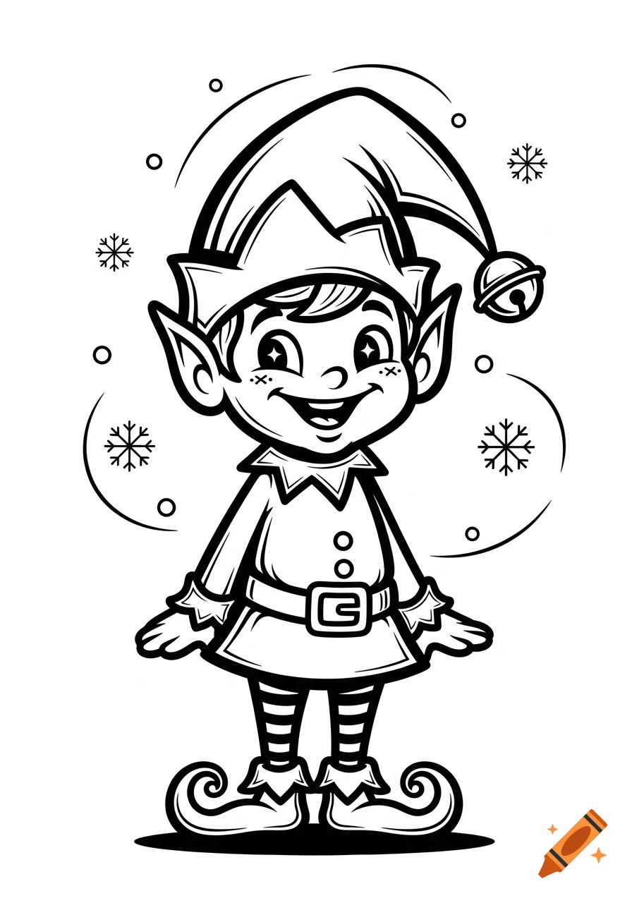 Black and white line art illustration of a happy Christmas elf with a pointed hat, striped stockings, and a bell.