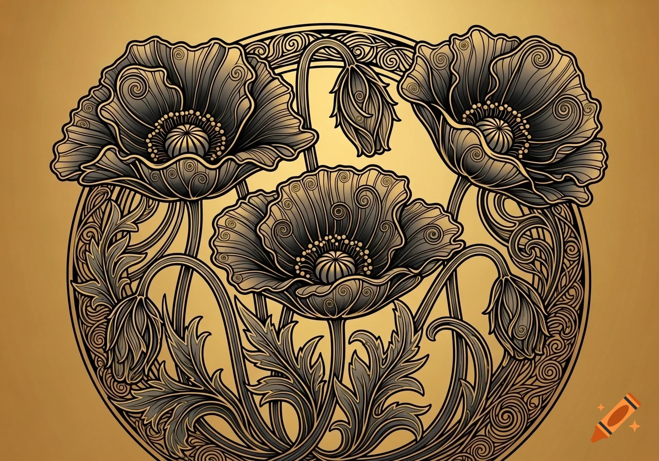 An ornamental Art Nouveau illustration of black and gold poppies with swirling stems and leaves in a circular motif.