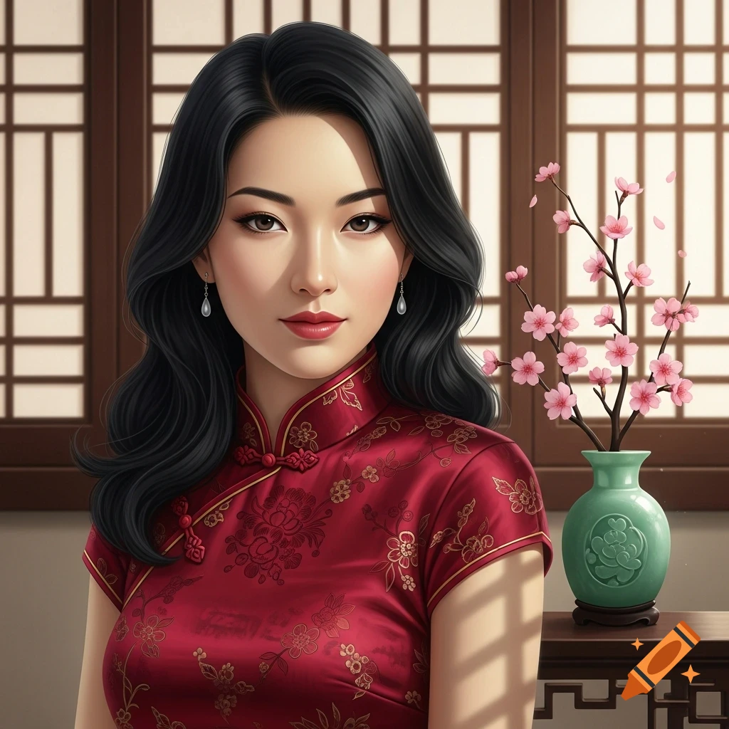 A beautiful Asian woman with dark hair wears a red traditional dress, standing by a window with cherry blossoms in a vase.