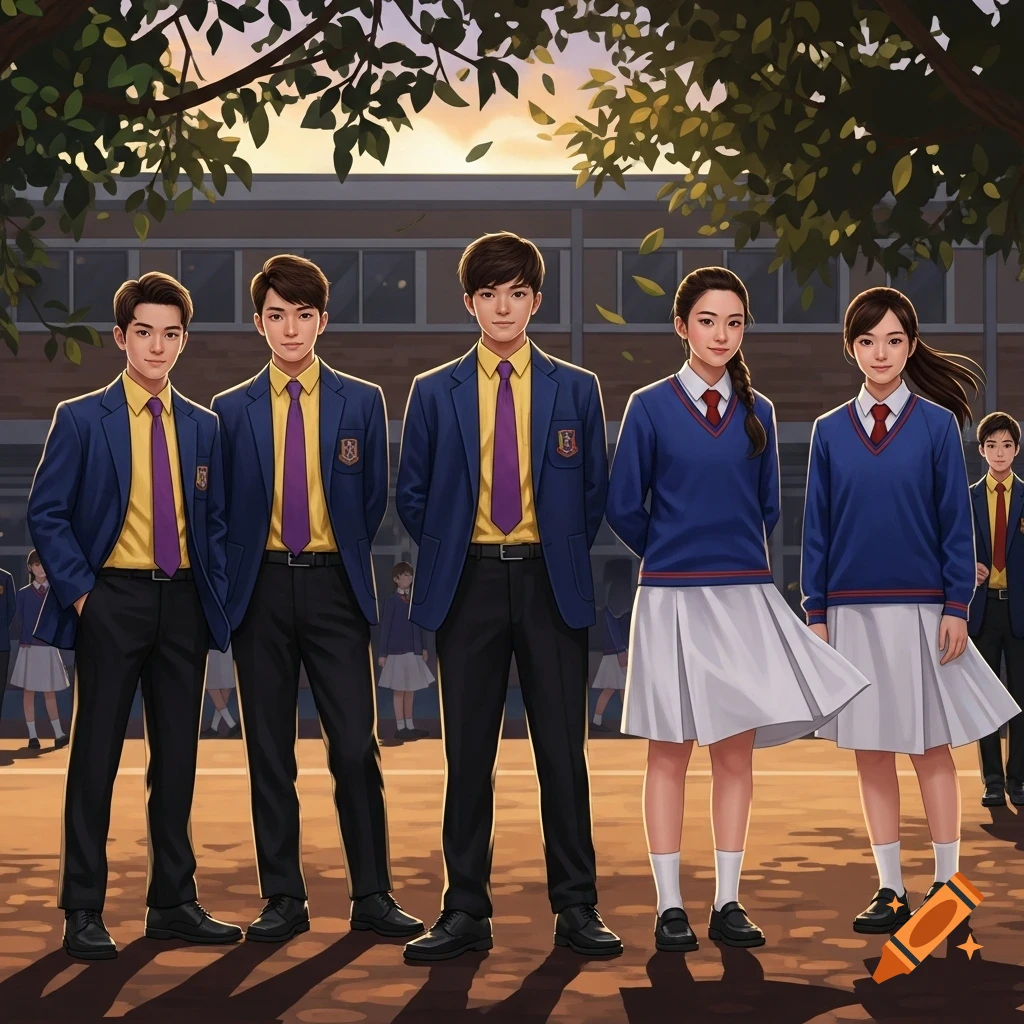 Anime illustration of five students in blue and white school uniforms standing outside a school building at sunset.