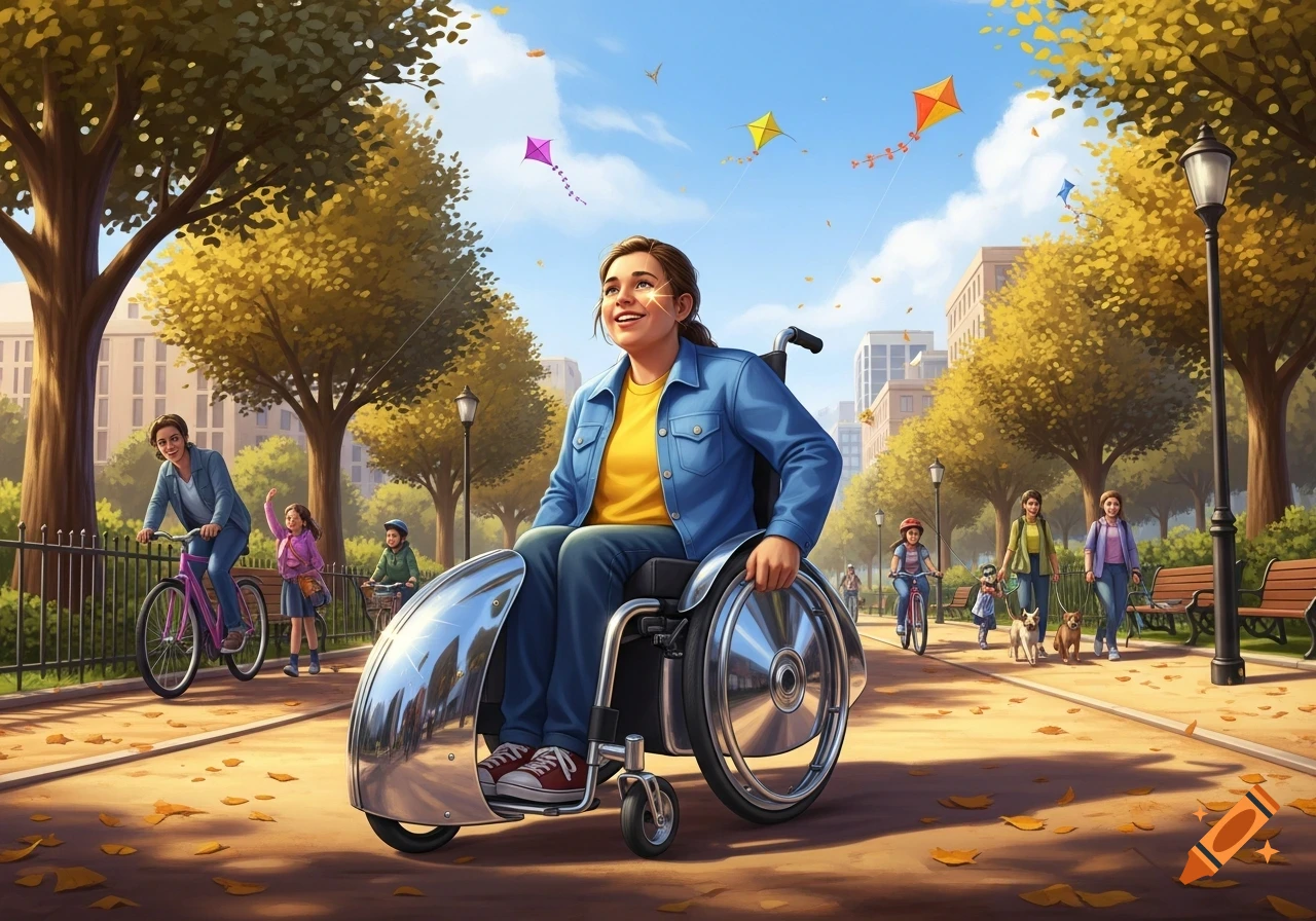A person in a wheelchair smiles in a sunny park. Kites fly overhead, and others bike and walk in the autumn scene.