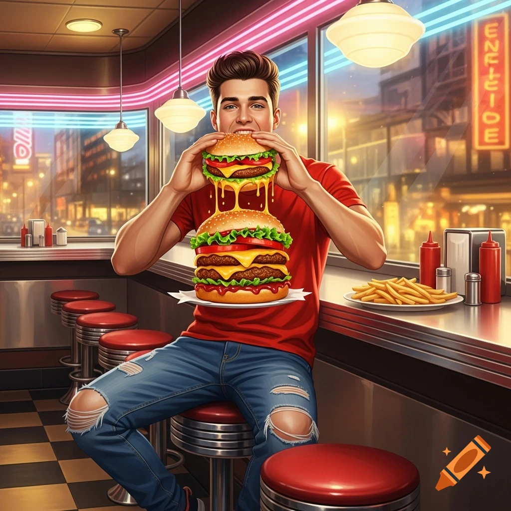 A young man in a red shirt and ripped jeans sits at a retro diner counter, holding a huge, dripping cheeseburger. Fries are on the counter.