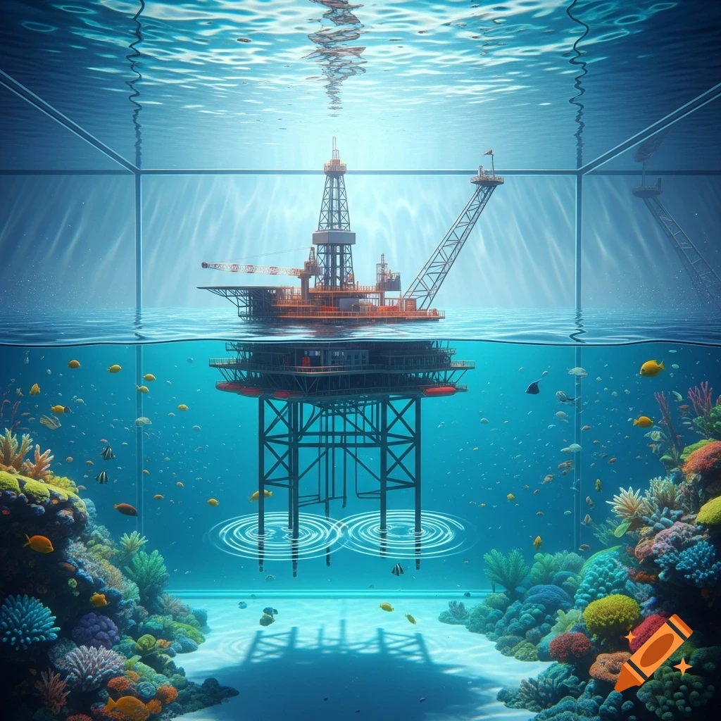 An oil rig sits half-submerged in a large aquarium filled with clear water, surrounded by colorful coral reefs and fish.