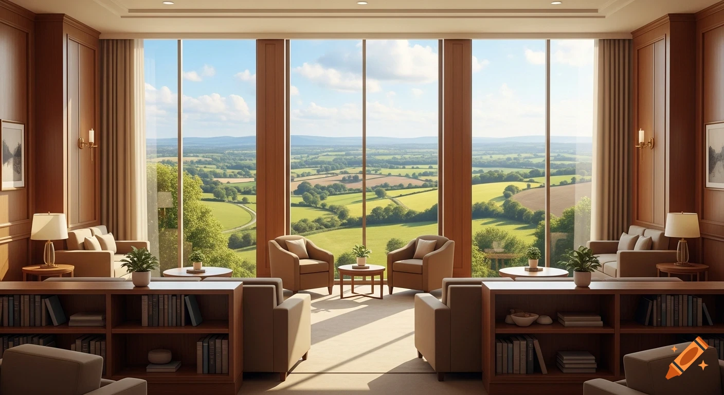 Spacious lounge with large windows overlooking a lush green landscape, featuring wooden paneling, bookshelves, armchairs, and sofas.