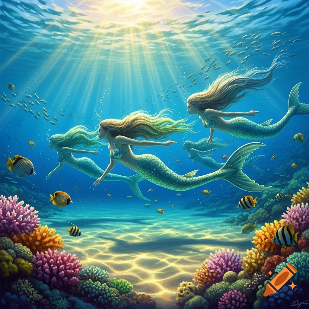 Four mermaids with long blonde hair swim gracefully among colorful coral and fish in a sun-drenched underwater scene, digital art.
