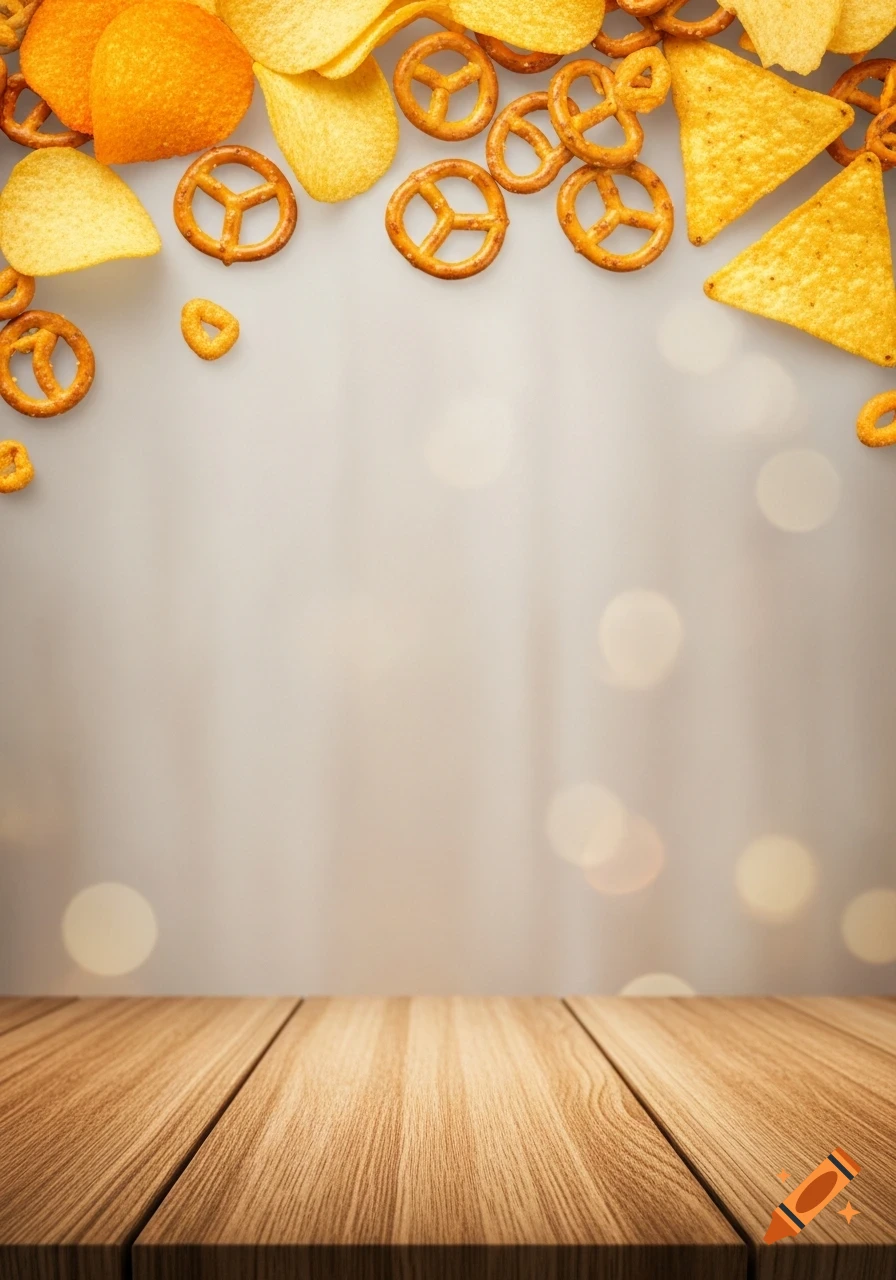 Assorted crispy snacks like potato chips, pretzels, and tortilla chips on a light background above a wooden table.