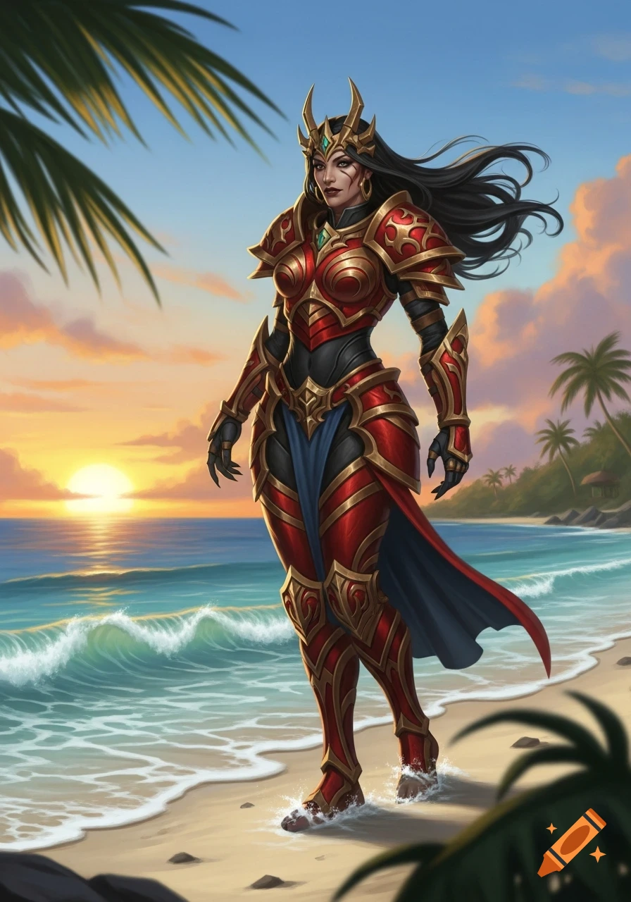 Fantasy warrior woman in red and gold armor walking on a sandy beach at ...