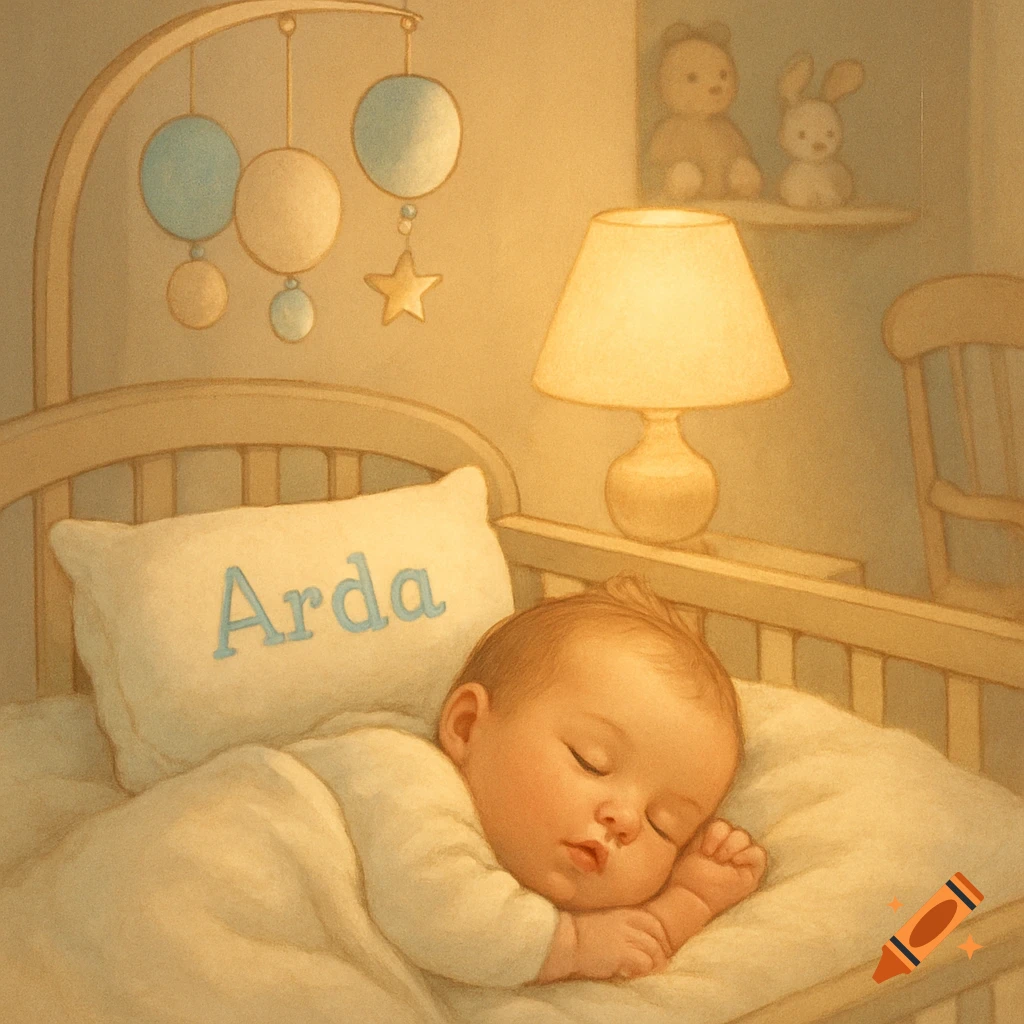 An illustration of a baby sleeping soundly in a crib with a pillow that says Arda, under a warm lamp.