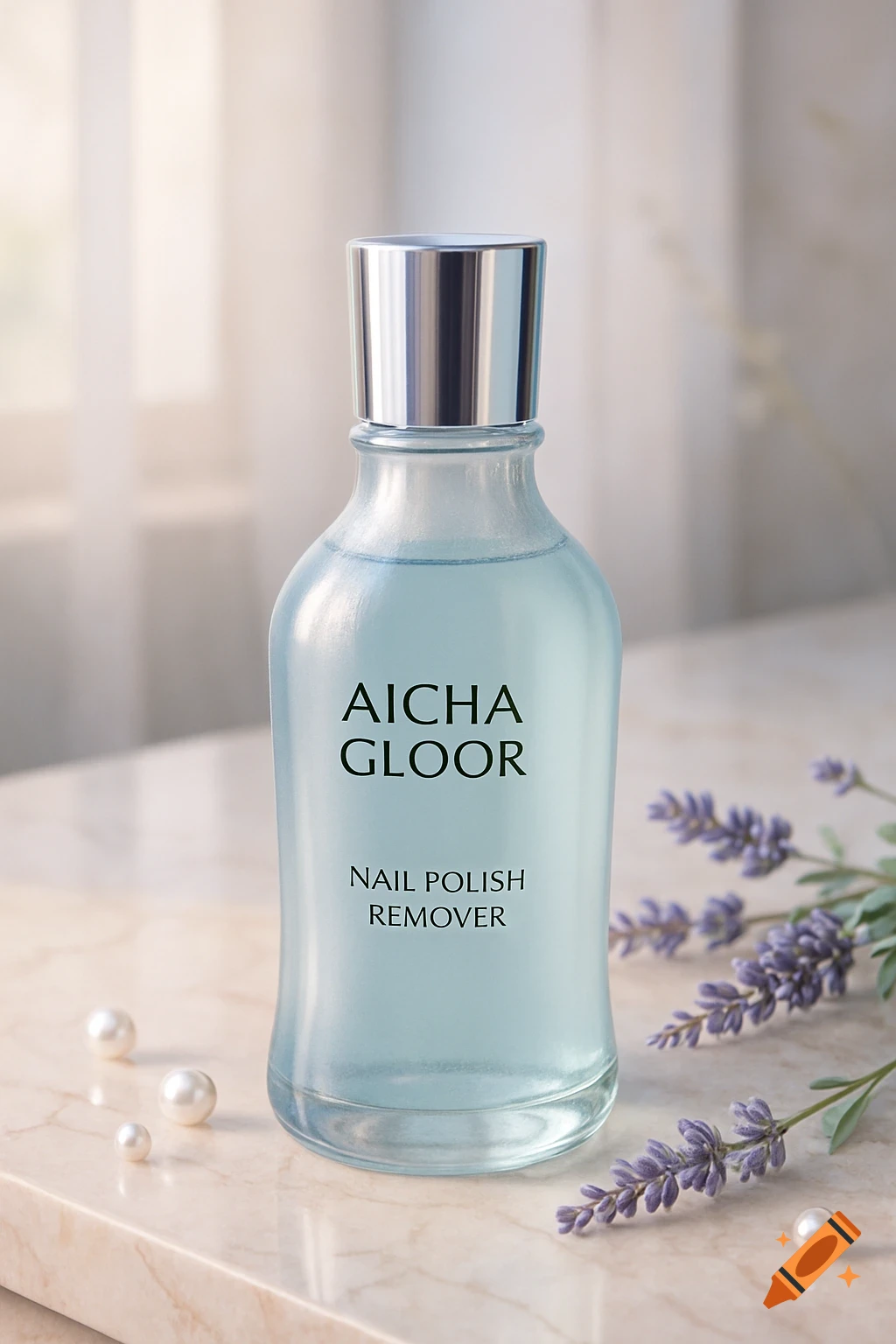 A clear glass bottle of Aicha Gloor Nail Polish Remover with a silver cap, surrounded by lavender and pearls on a marble surface.