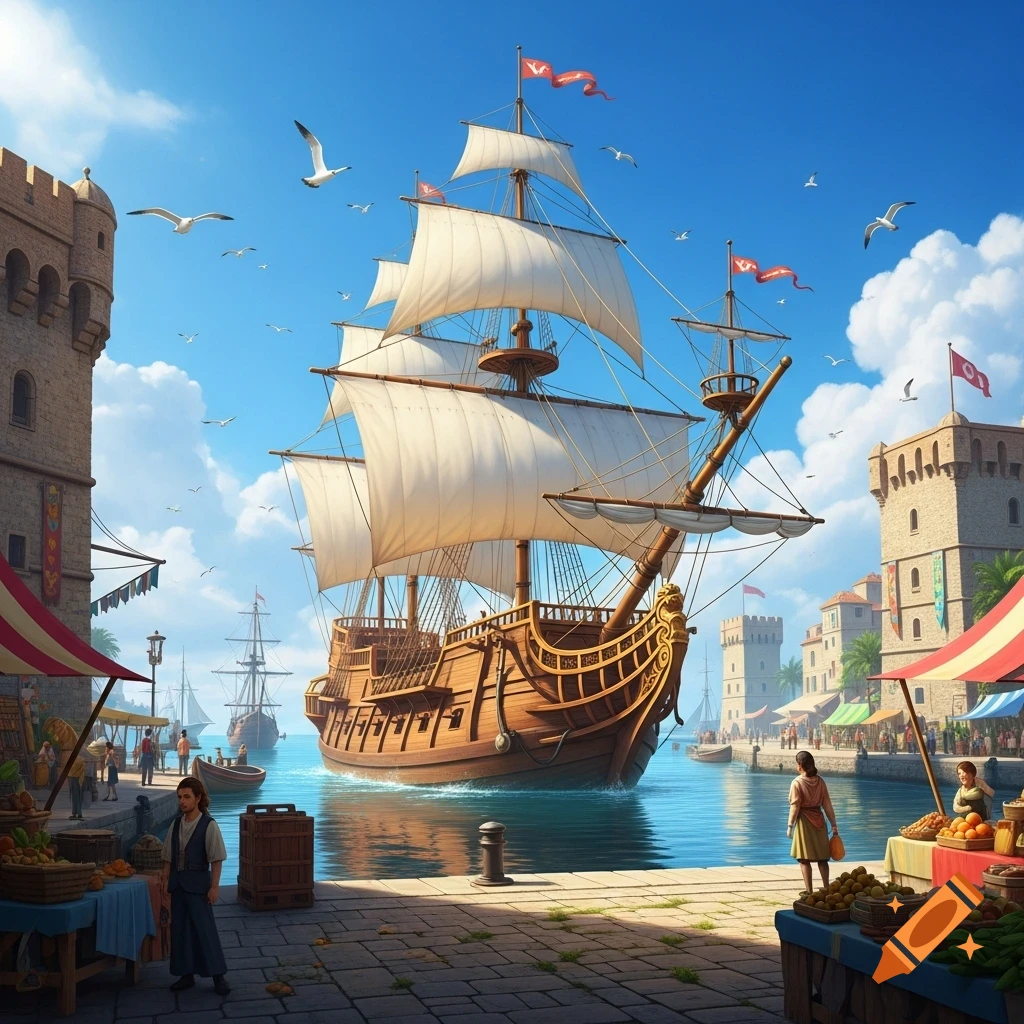 A large wooden sailing ship in a busy, sunny historical port town with market stalls and people. Stylized digital art.