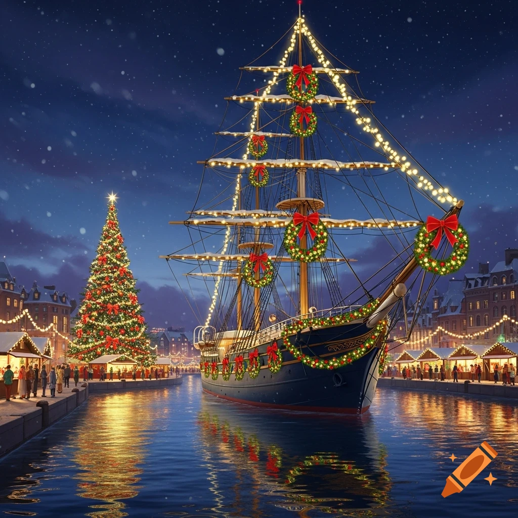 A large ship adorned with Christmas lights and wreaths in a canal, next to a festive Christmas market and a lit tree at night.