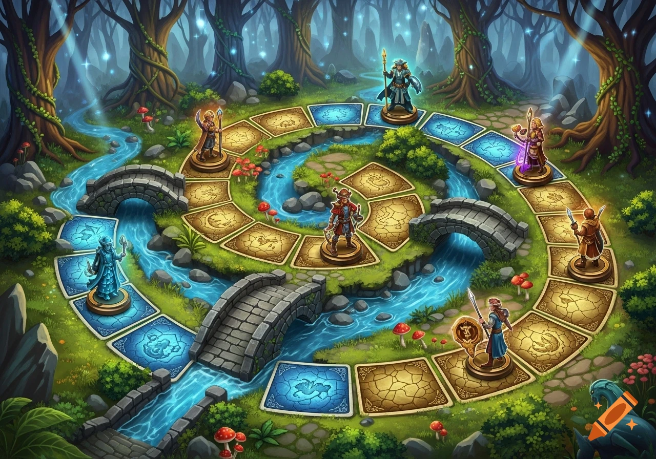 Vibrant fantasy board game set in an enchanted forest with a winding river, stone bridges, and character game pieces on pathway tiles.