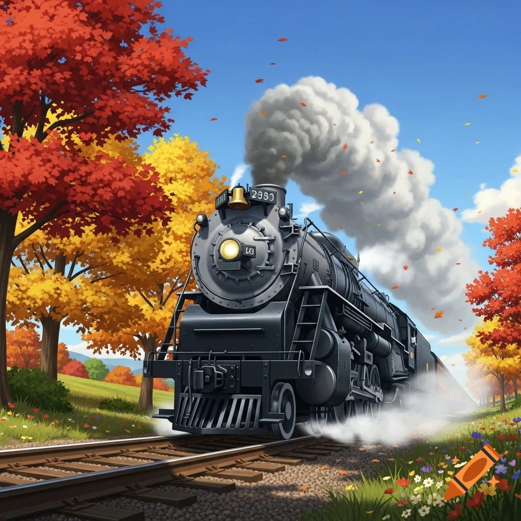 A vibrant illustration of a black steam train traveling through a colorful autumn landscape under a blue sky, with red and yellow trees and scattered leaves.