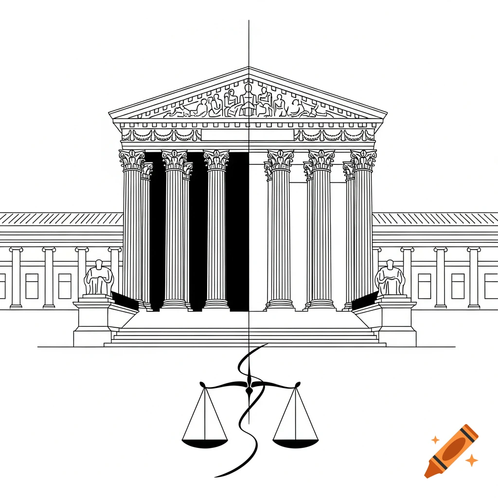 Minimalist black and white line art illustration of a courthouse with scales of justice below, symbolizing legal polarization.