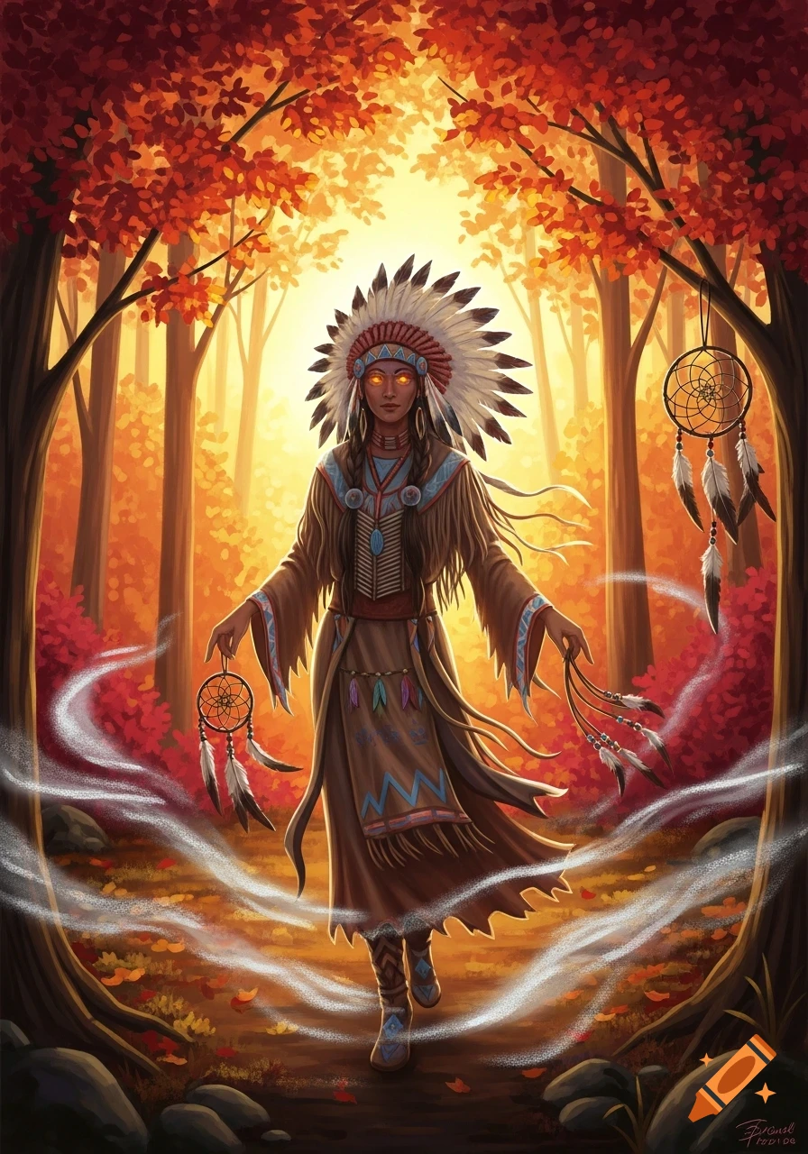 Illustration of a woman in Native American attire with glowing eyes and a feathered headdress, holding dreamcatchers in an autumn forest.