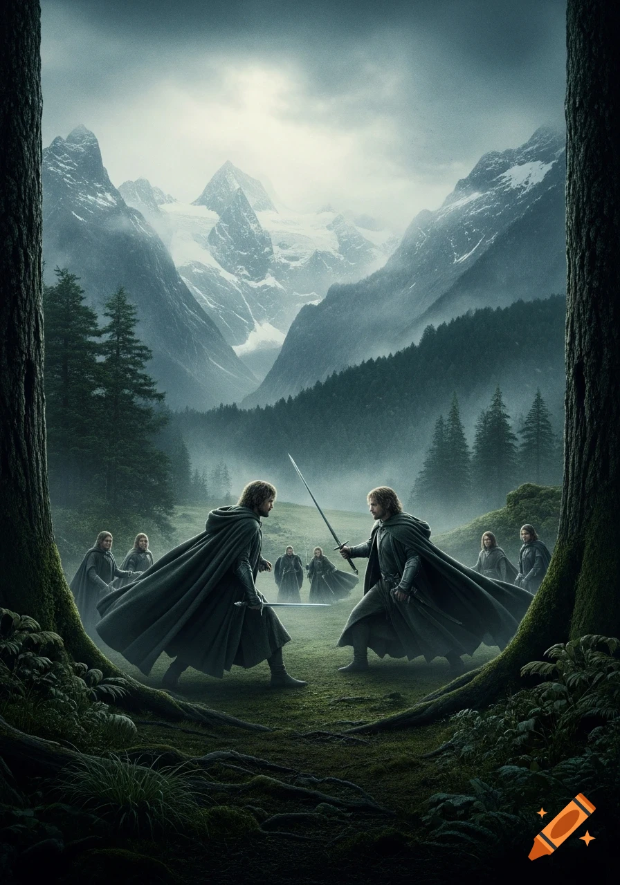 A cinematic fantasy scene of cloaked warriors with swords in a misty mountain valley with dark forests.