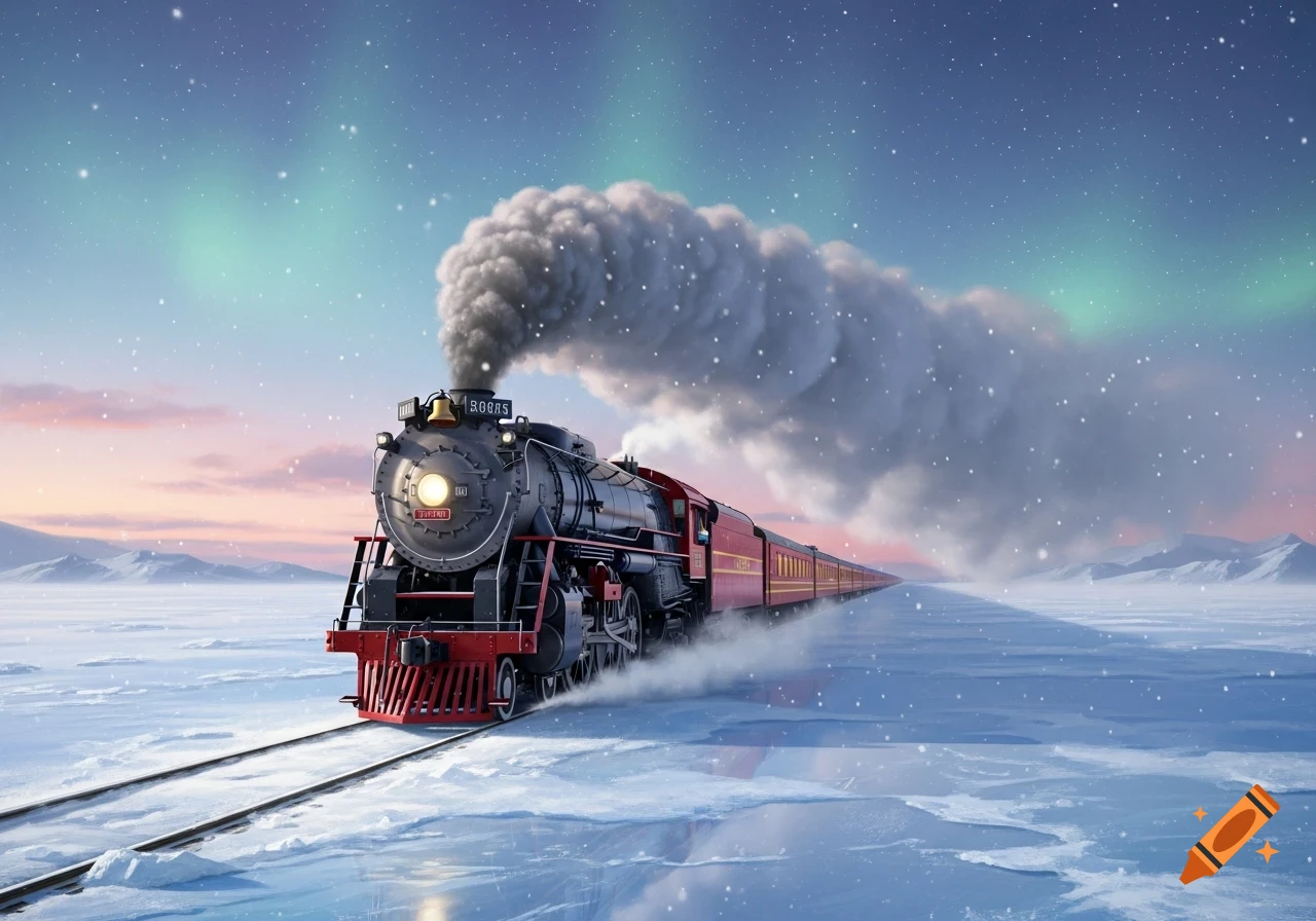 A vintage-style steam train travels on tracks through a vast snowy landscape under a sky lit by the aurora borealis.
