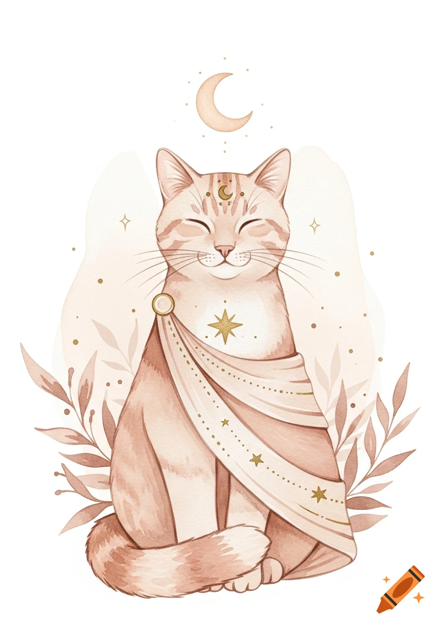 A soft mystical watercolor illustration of a smiling cat with closed eyes, wearing a draped fabric with golden stars, under a crescent moon.