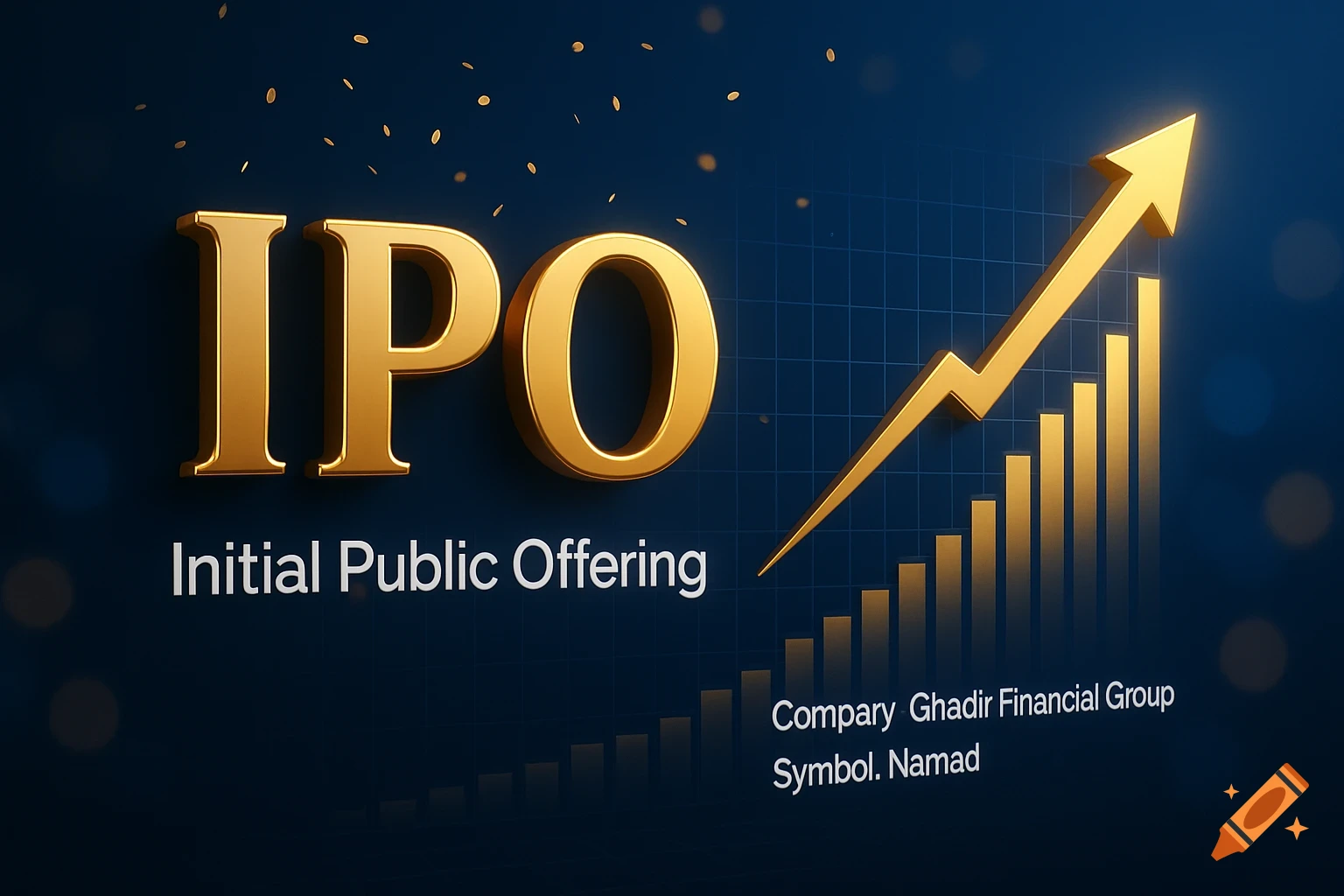 3D golden 'IPO' text with a rising stock chart and golden confetti on a navy blue background, signifying a financial announcement.