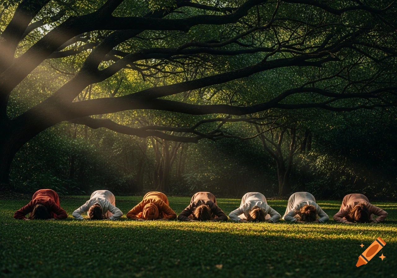 Seven people in robes prostrate on a sunlit grassy lawn under a large, sprawling tree in a forest.