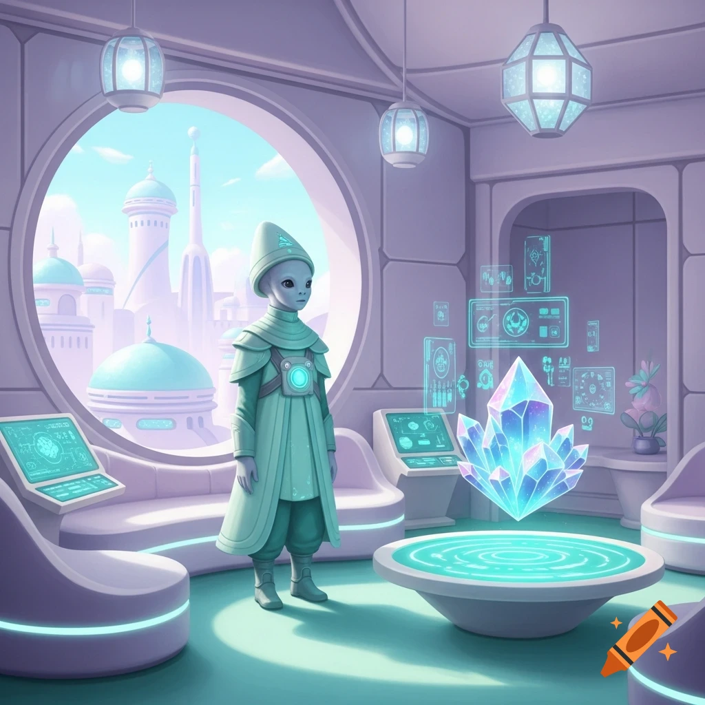 A gentle alien explorer in a mint tunic stands in a pastel-lit research chamber with a floating crystal, holographic displays, and a futuristic city outside.