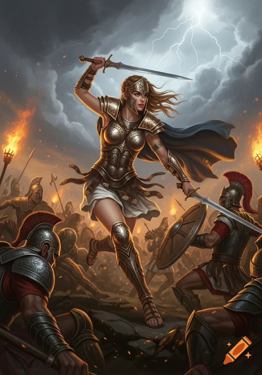 A female Amazon warrior in golden armor with two swords battles soldiers under a stormy sky with lightning, in a fantasy art style.