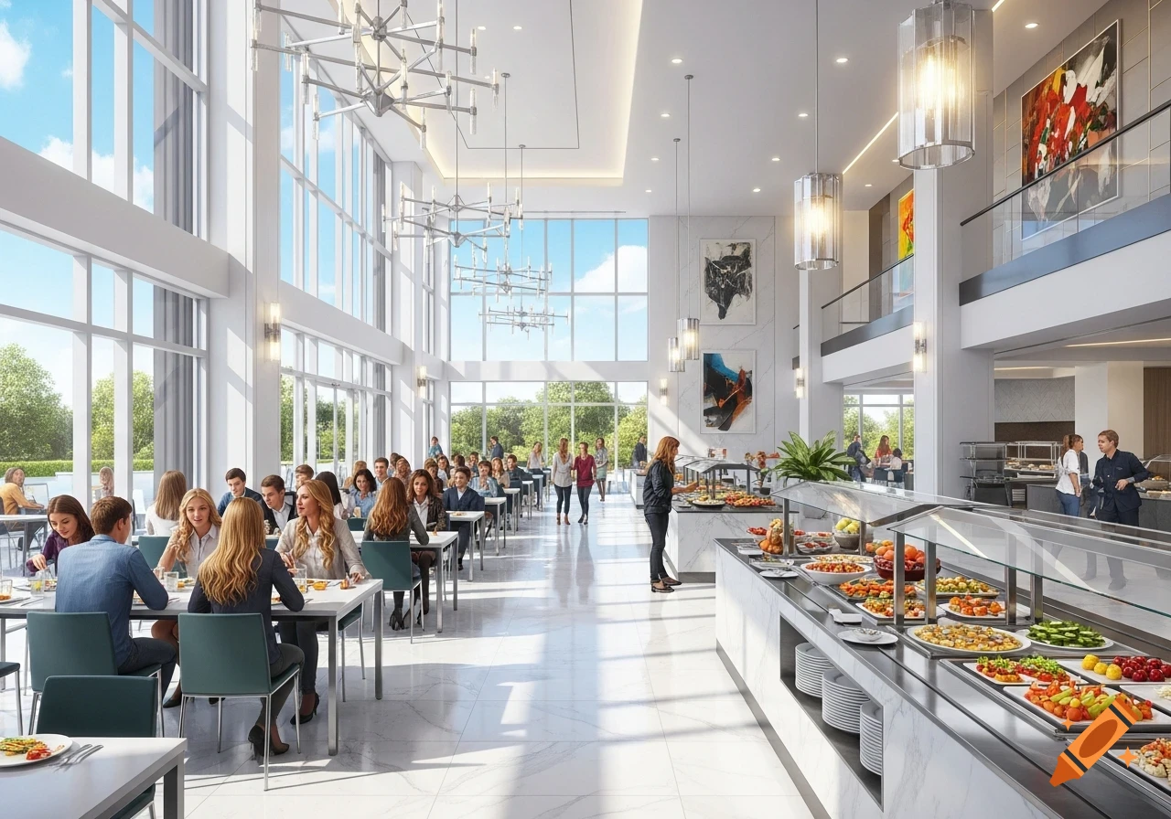 A bright, spacious modern cafeteria with high ceilings and large windows, featuring people dining at tables and selecting food from a long buffet.