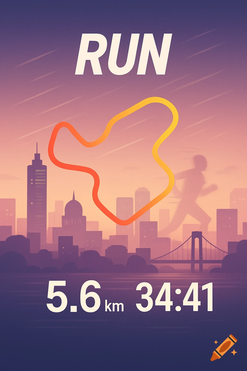 Stylized illustration of a running tracker interface with a city skyline, a running path, and text 'RUN 5.6 km 34:41'.