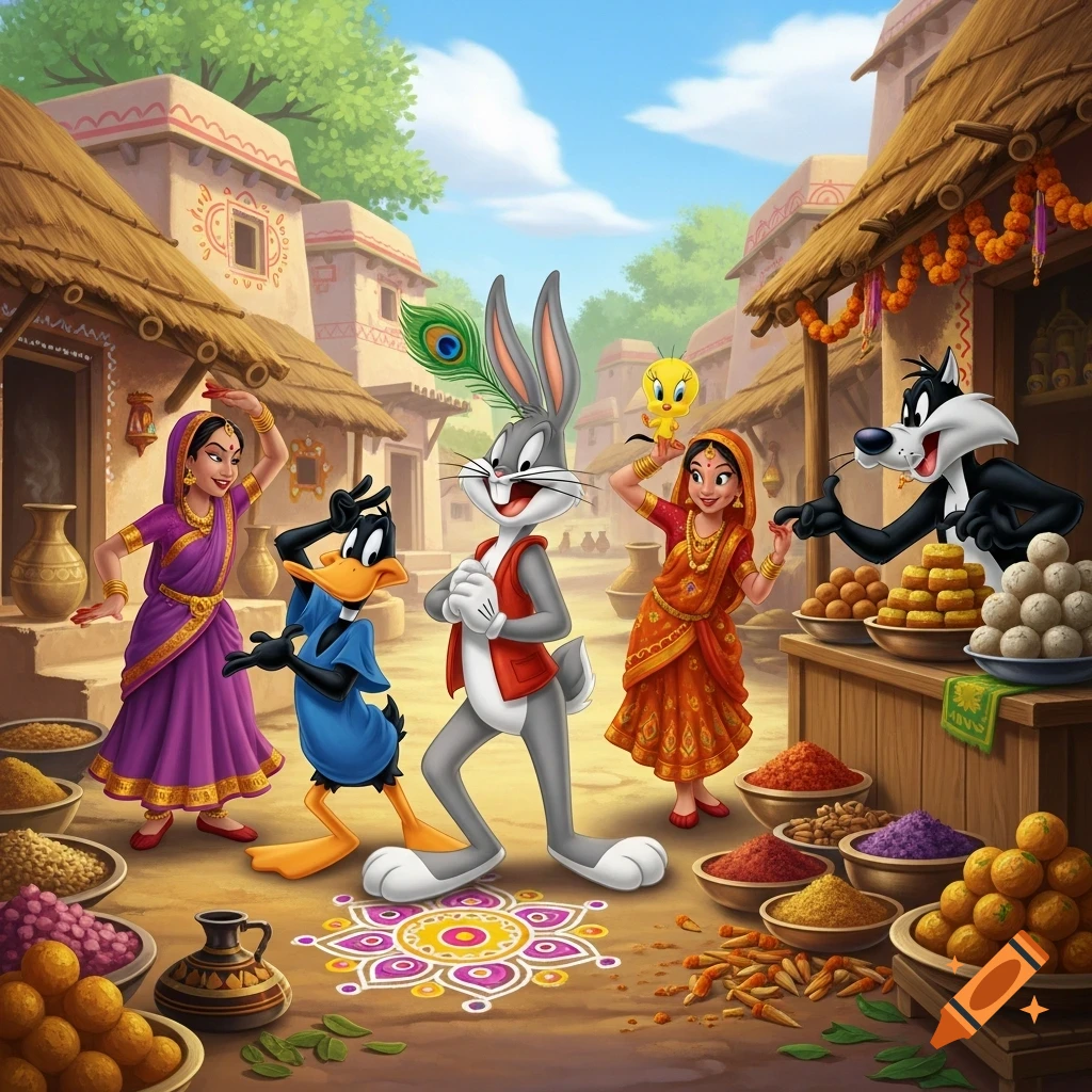 Bugs Bunny, Daffy Duck, Sylvester, and Tweety visit an Indian village, with women in traditional attire, market stalls, and a rangoli.
