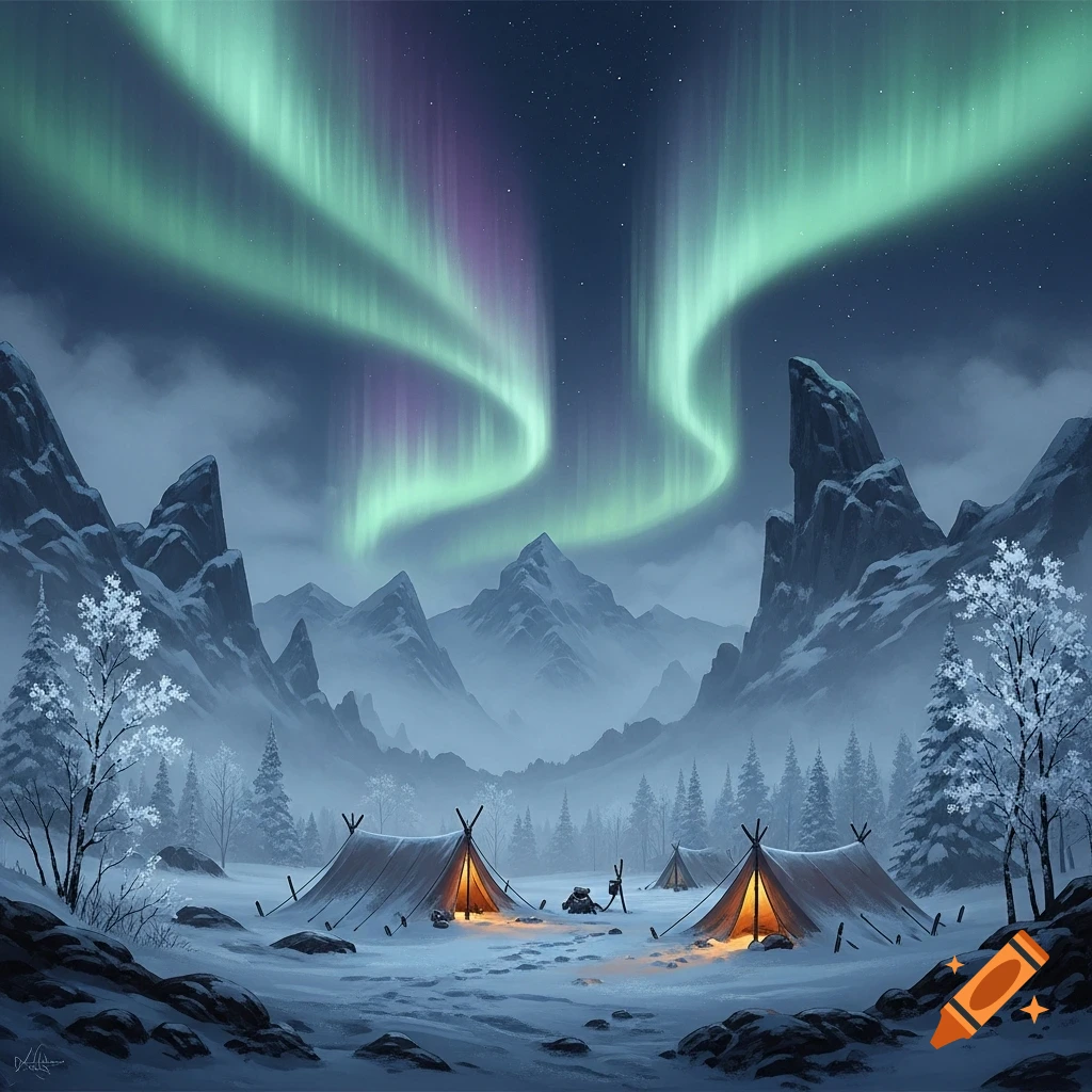 Illuminated tents in a snowy mountain landscape under a vibrant green and purple aurora borealis night sky, digitally painted.