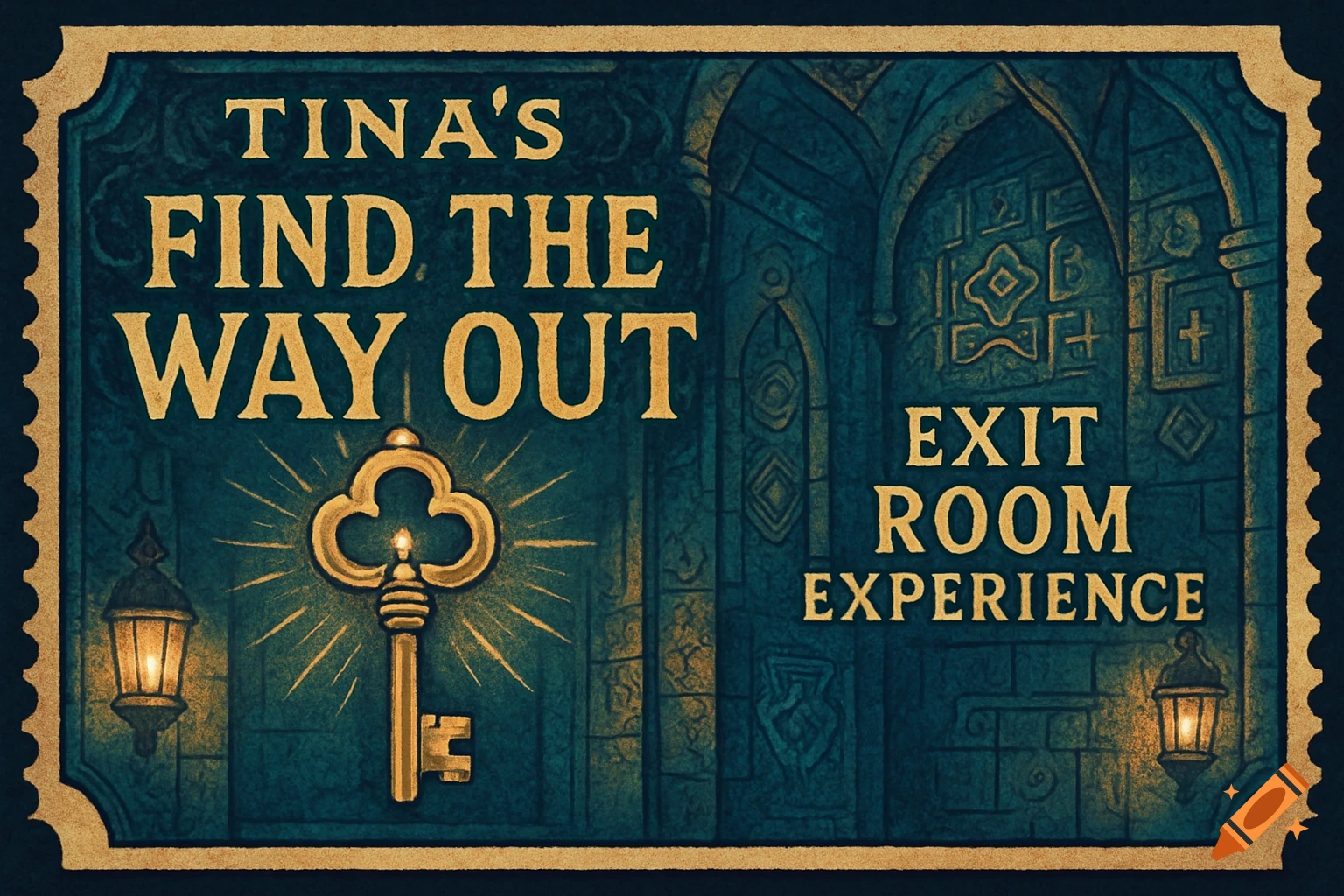 A stylized vintage-look poster for 'Tina's Find The Way Out Exit Room Experience' featuring a glowing golden key and arched doorways.