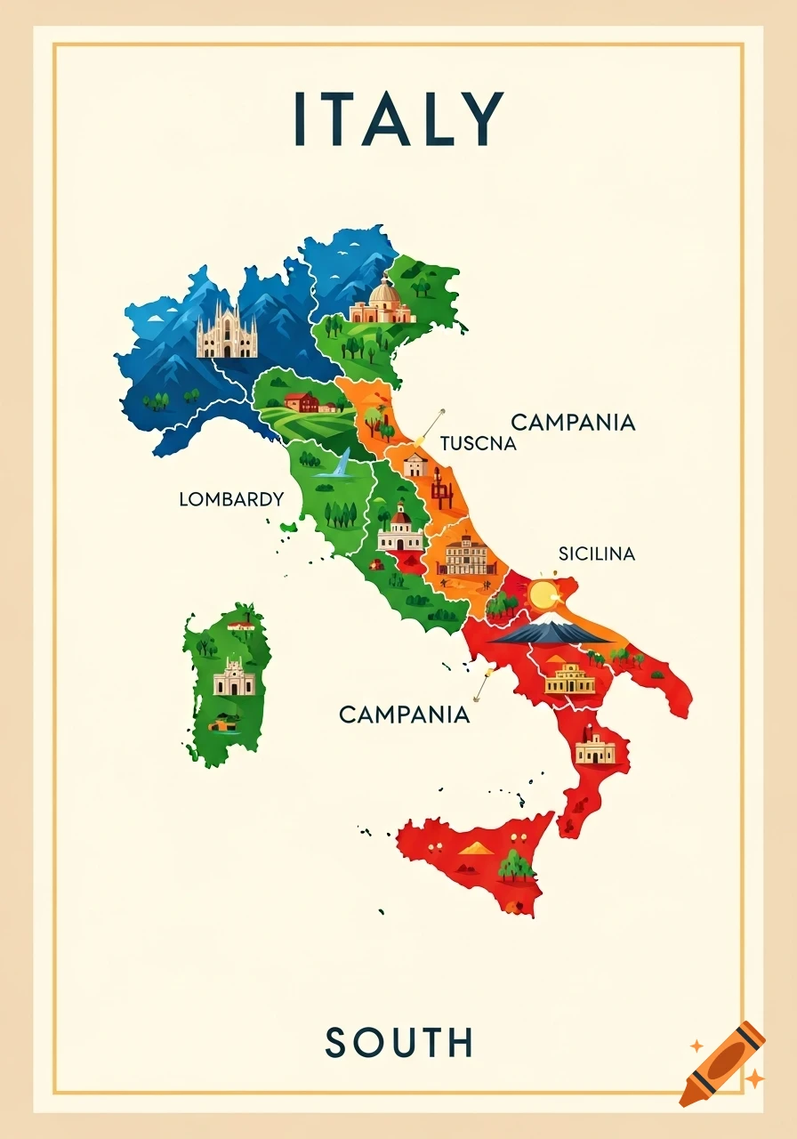 A colorful, stylized graphic map of Italy showing different regions with landmarks, labeled "ITALY" and "SOUTH".