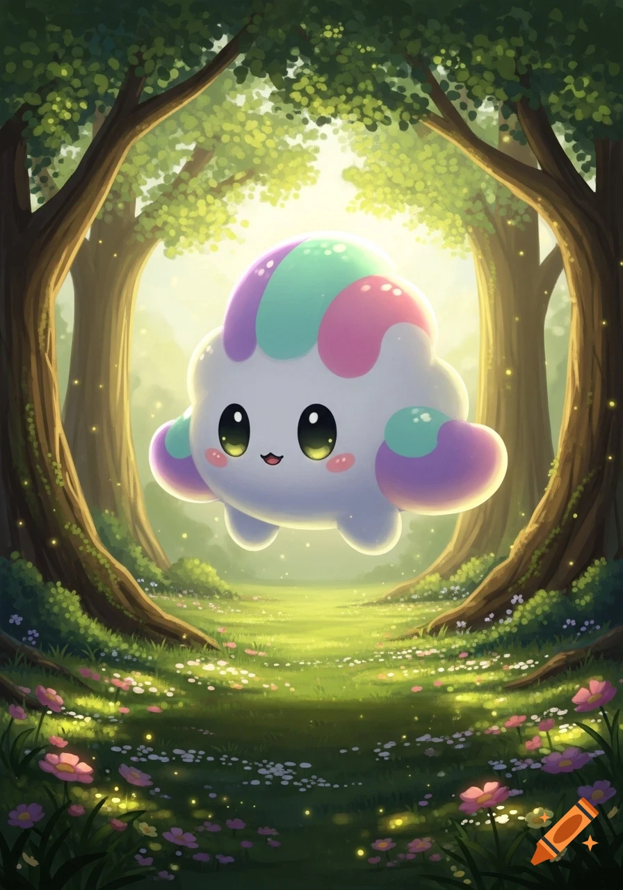 A cute, round, white creature with pastel pink, blue, and purple markings floats in a sunny, mystical forest with glowing fireflies.