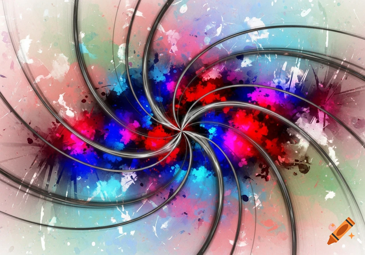 Colorful abstract swirl with paint splatters and radial lines.