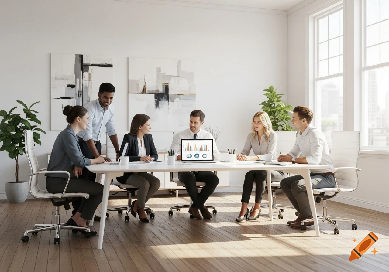 A group of diverse professionals collaborating around a table with a laptop displaying charts in a modern office.