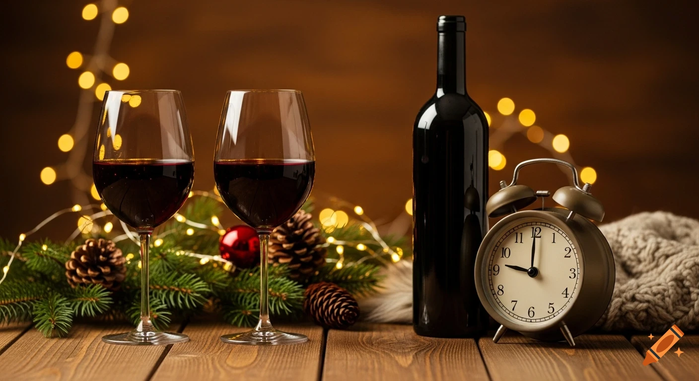 Photorealistic Christmas scene with two wine glasses, a wine bottle, and an alarm clock on a wooden table with fairy lights.
