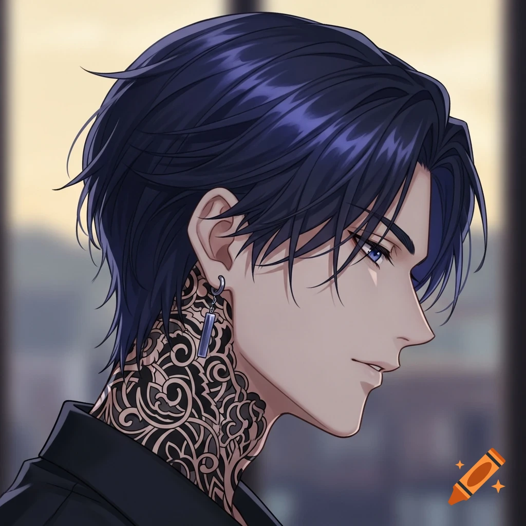 A profile shot of an anime male character with dark blue hair, light blue eyes, and intricate black tribal tattoos covering his neck, looking right.