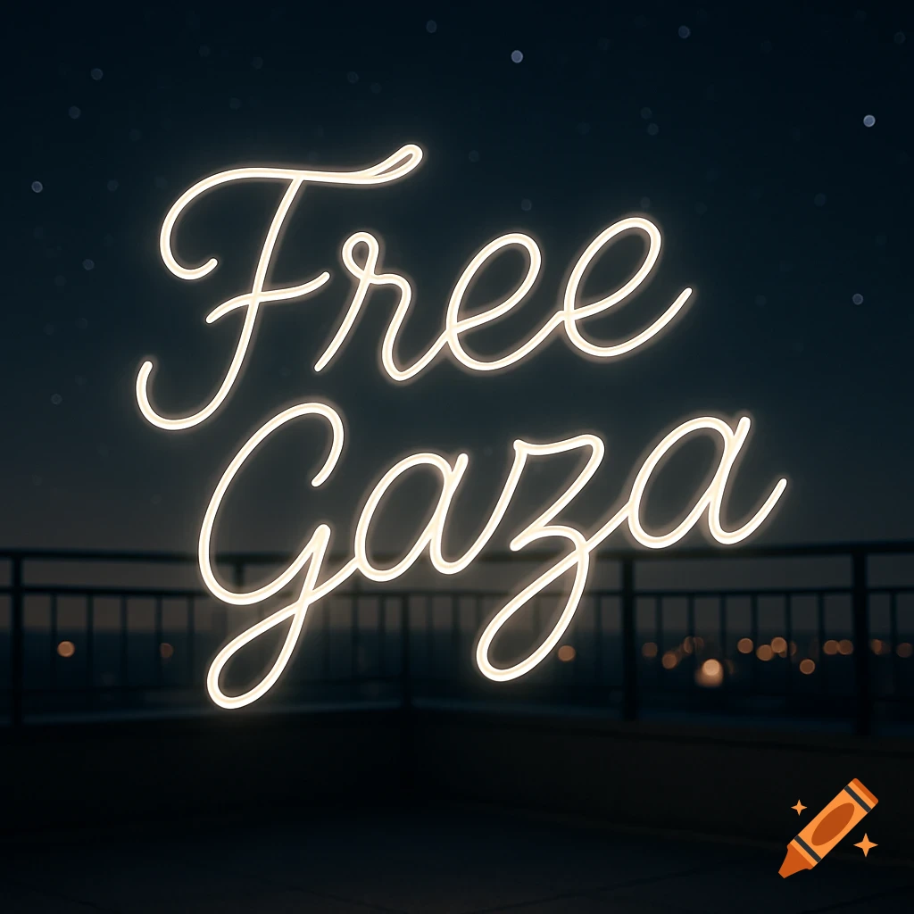 White neon cursive text spelling 'Free Gaza' floats above a dark rooftop terrace with blurred city lights at night.